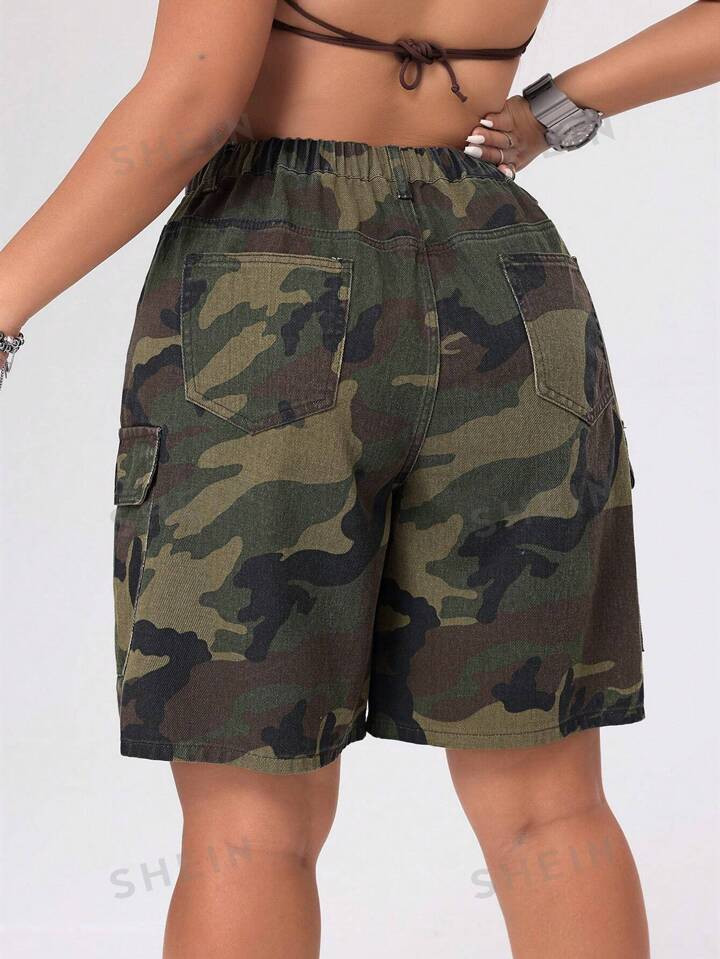 SHEIN ICON Plus Size Camo Work Style Denim Shorts | SHEIN