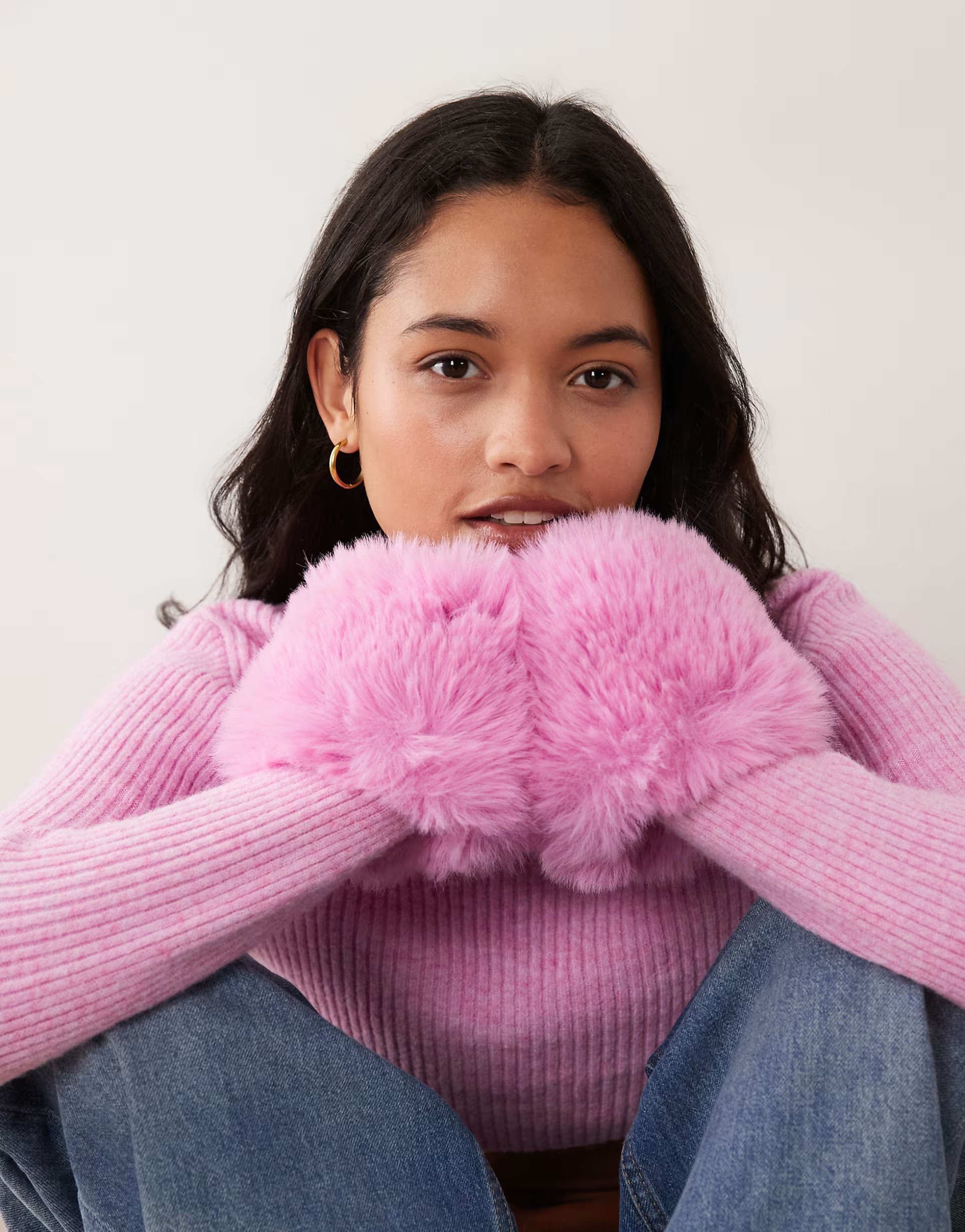 \u203a Miss Selfridge crew neck knitted jumper with fur cuff in pink | ASOS (Global)
