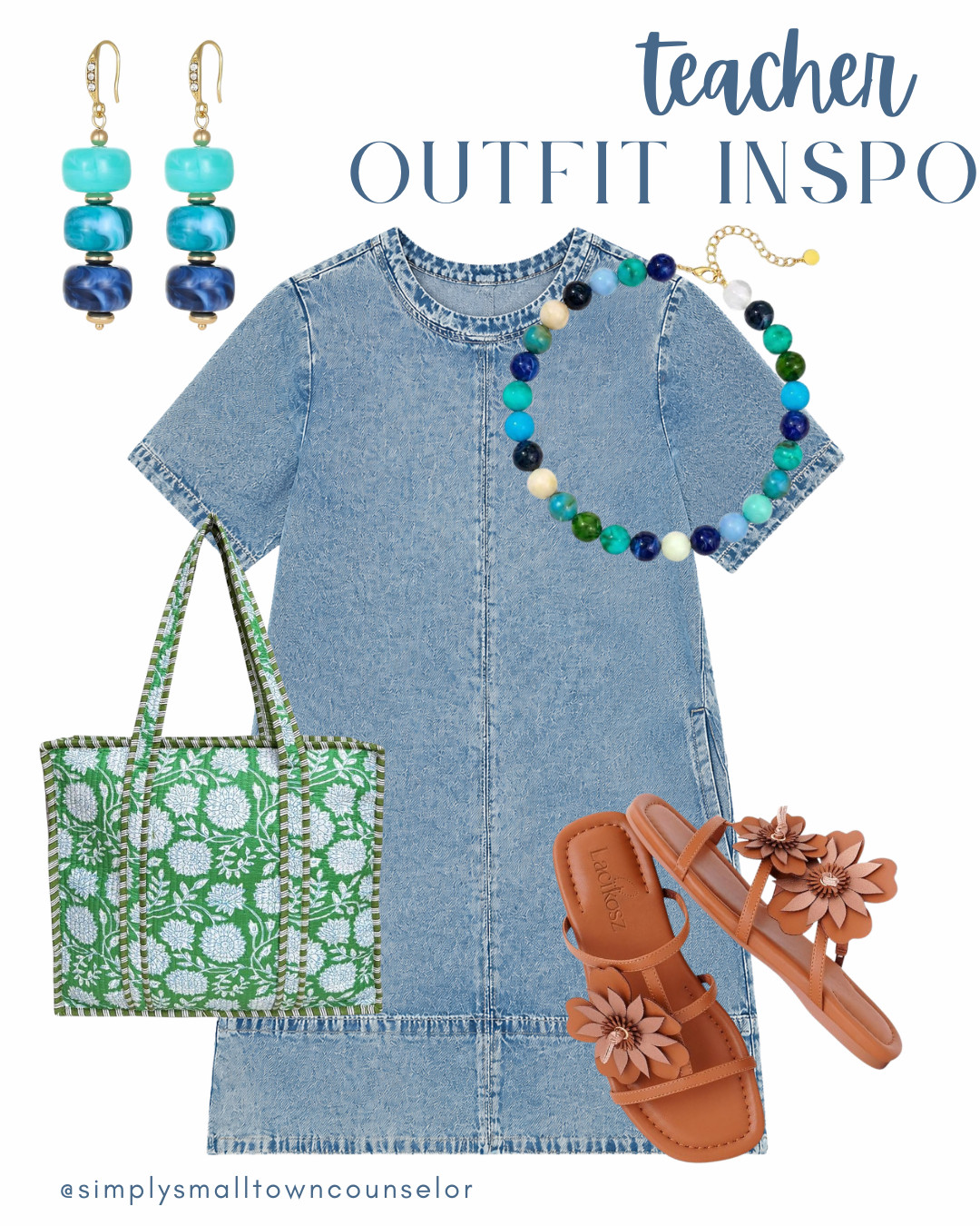 Teacher Outfit Inspo 💙 This denim dress is such an easy, classroom-ready look! The colorful accessories, floral tote, and darling sandals add the perfect playful touches for a polished back-to-school outfit. ✨📚
 

 #LTKWorkwear