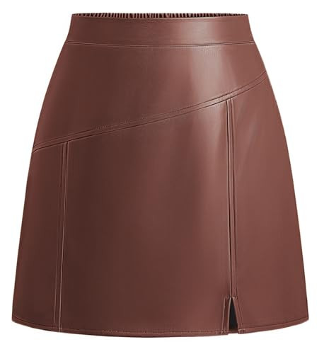 Kate Kasin Women Coffee Leather Mini Skirt High Waisted A Line Short Skirt with Slit for Casual Work Club Party Date Night Out | Amazon (US)