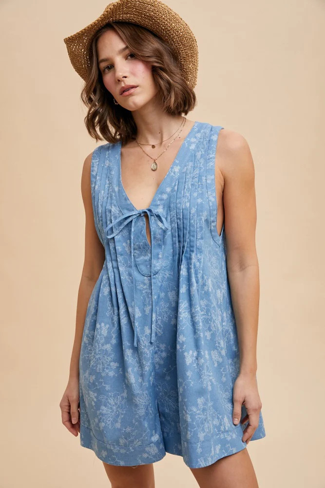Light Blue Floral Chambray Pleat Front Romper | PinkBlush Maternity