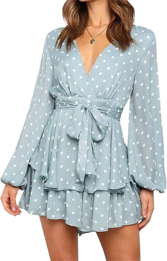 AIMCOO Women's Long Sleeve Polka Dot Romper Floral Print V-Neck Bubble Sleeves Layer Ruffle Hem C... | Amazon (US)