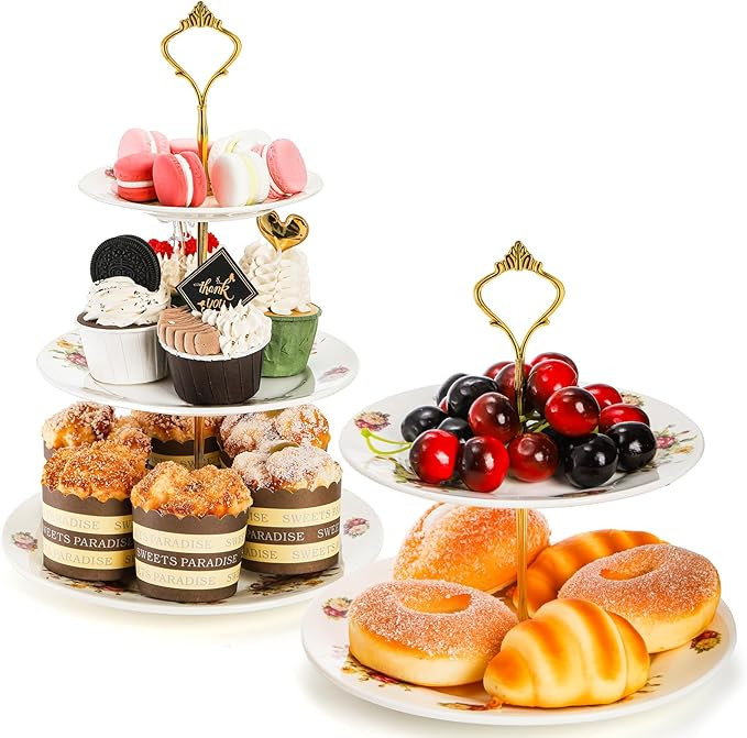 2 Set of Ceramic Tiered Dessert Stand, White Embossed 3 Tier Serving Tray Stand with 2 Tier Cupca... | Amazon (US)