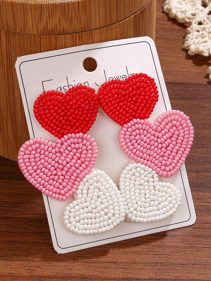 1pair New Valentine's Day Heart Shaped Handwoven Quality Seed Beads Red Earrings Valentines | SHEIN