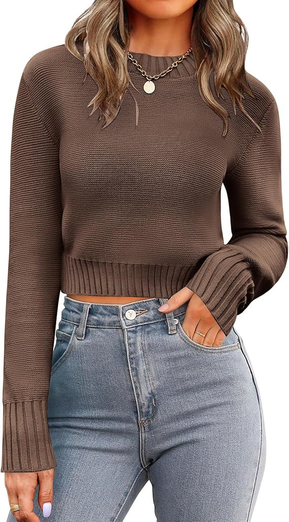 Zeagoo Women's 2026 Fall Crewneck Cropped Sweaters Long Sleeve Knit Tops | Amazon (US)