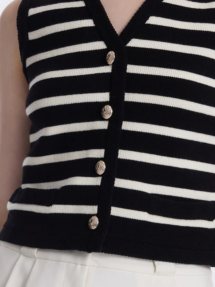 Knit Striped V-Neck Vest Cardigan | GOELIA