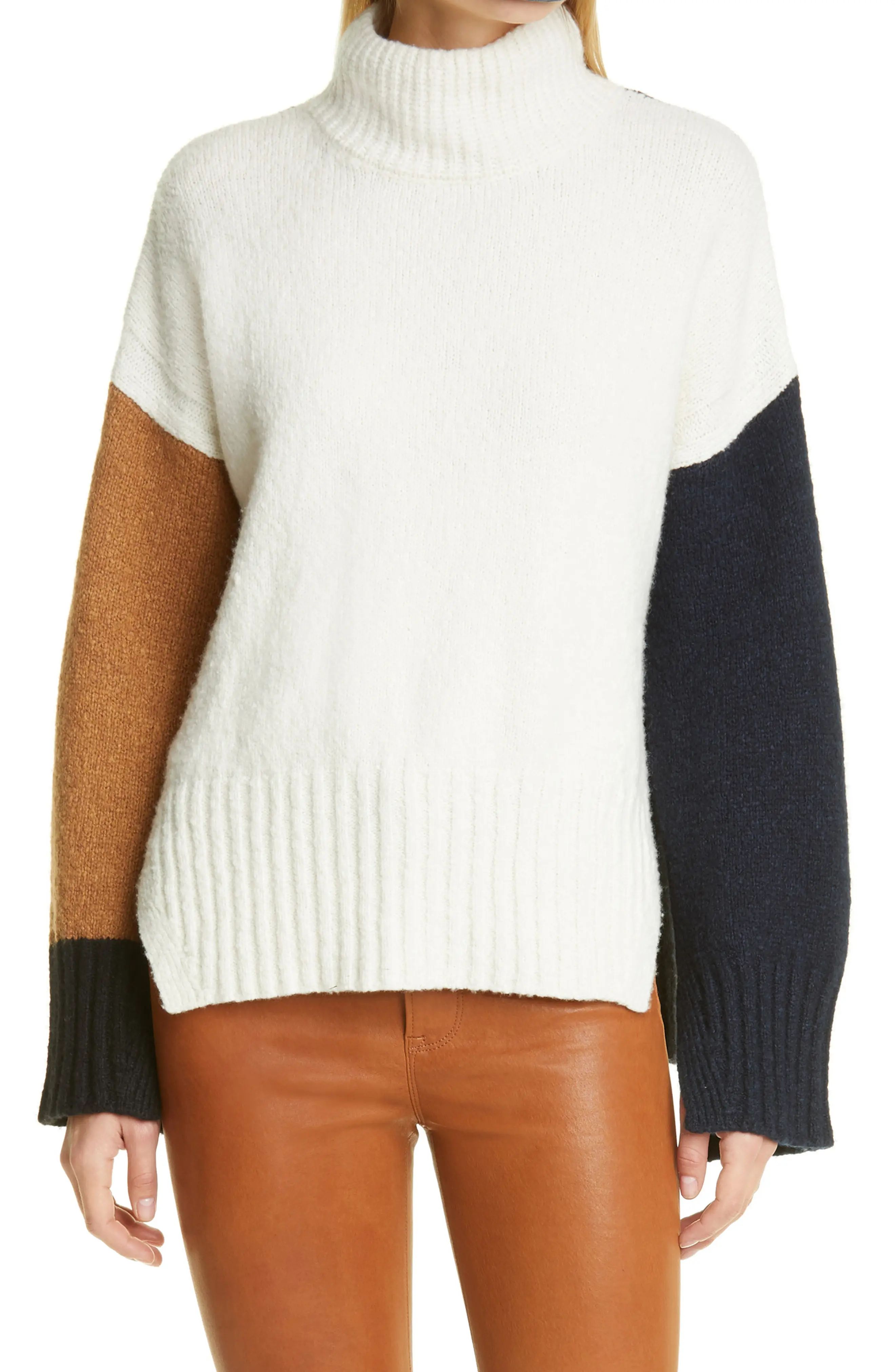 Women's Frame Colorblock Wool Blend Turtleneck Sweater, Size Medium - Ivory | Nordstrom