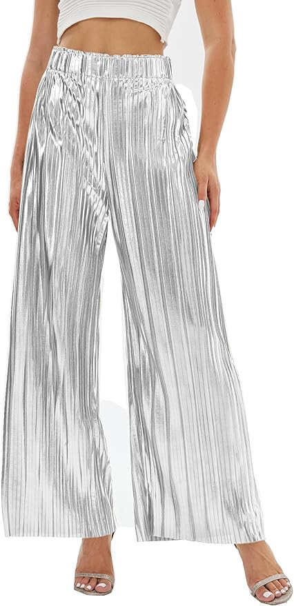 heipeiwa Women's Shiny Pleated Wide Leg Pants Party Nightout High Waist Trouser Folded Lightweigh... | Amazon (US)