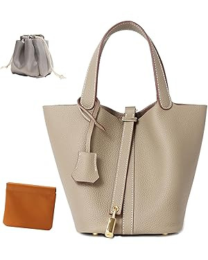 Genuine Leather Lock Design Bucket Bag Vegetable Basket, Fashionable and Versatile Shoulder Handb... | Amazon (US)