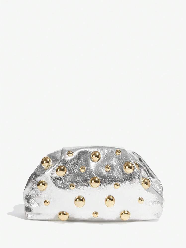 SHEIN SXY Ladies, Women Clutchs, Fashionable, Elegant, Simple, Personalized, Versatile, Classic, Gold, Asymmetrical Sized Rivets, For Commute, Office, Date, Daily, Shopping, Afternoon Tea | SHEIN