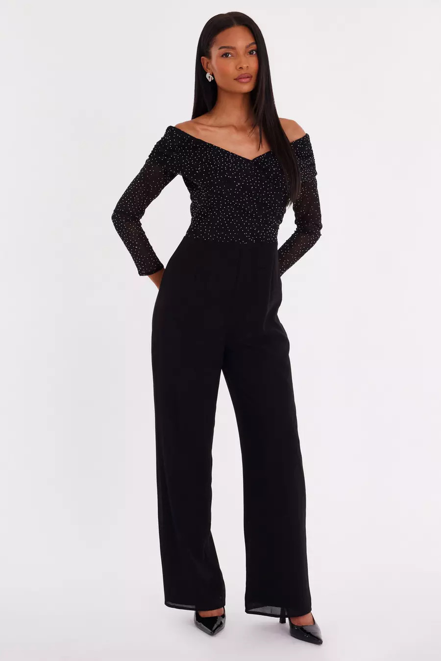 Black Diamante Bardot Jumpsuit | Quiz Clothing