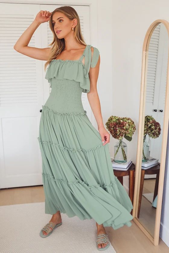 Like a Fairy Tale Sage Green Smocked Tie-Strap Tiered Maxi Dress | Lulus (US)
