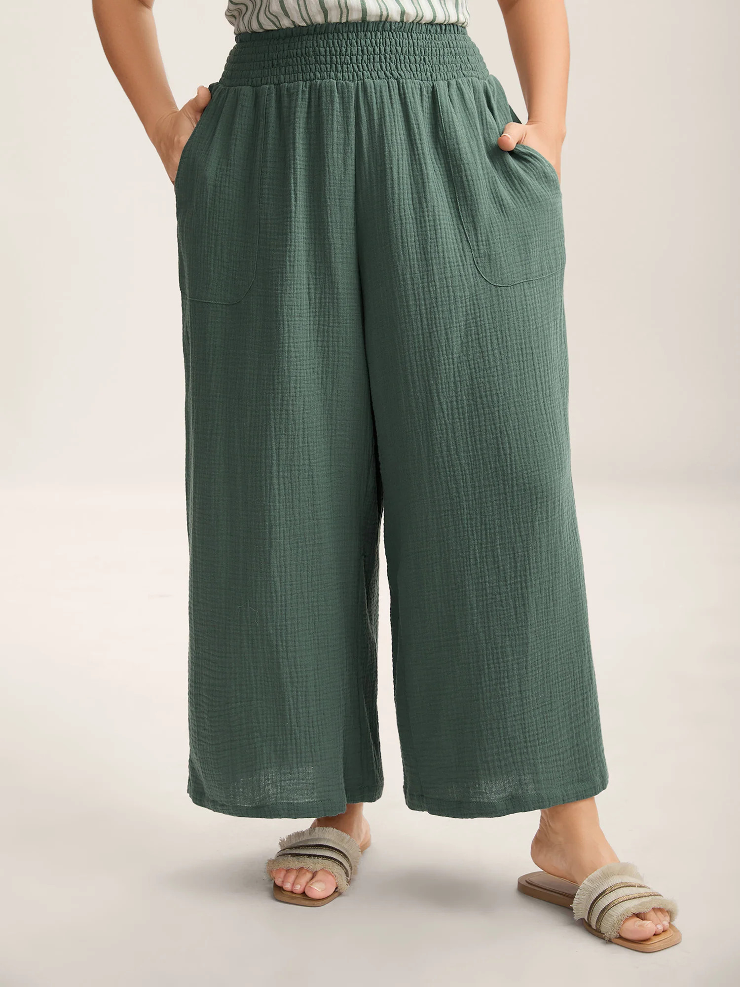 Cotton Shirred Textured Wide-Leg Pants | Bloomchic