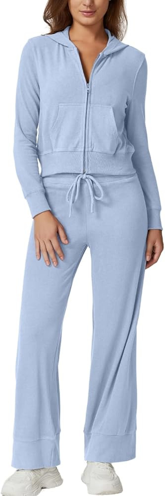 QINSEN Women's Two Piece Outfits Long Sleeve Full-Zip Hoodie and Wide Leg Pants Tracksuit Lounge ... | Amazon (US)