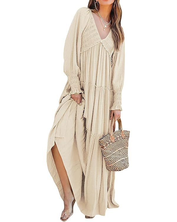 R.Vivimos Maxi Dress for Women Long Sleeve V Neck Empire Waist Layered Ruffle Boho Casual Flowy L... | Amazon (US)