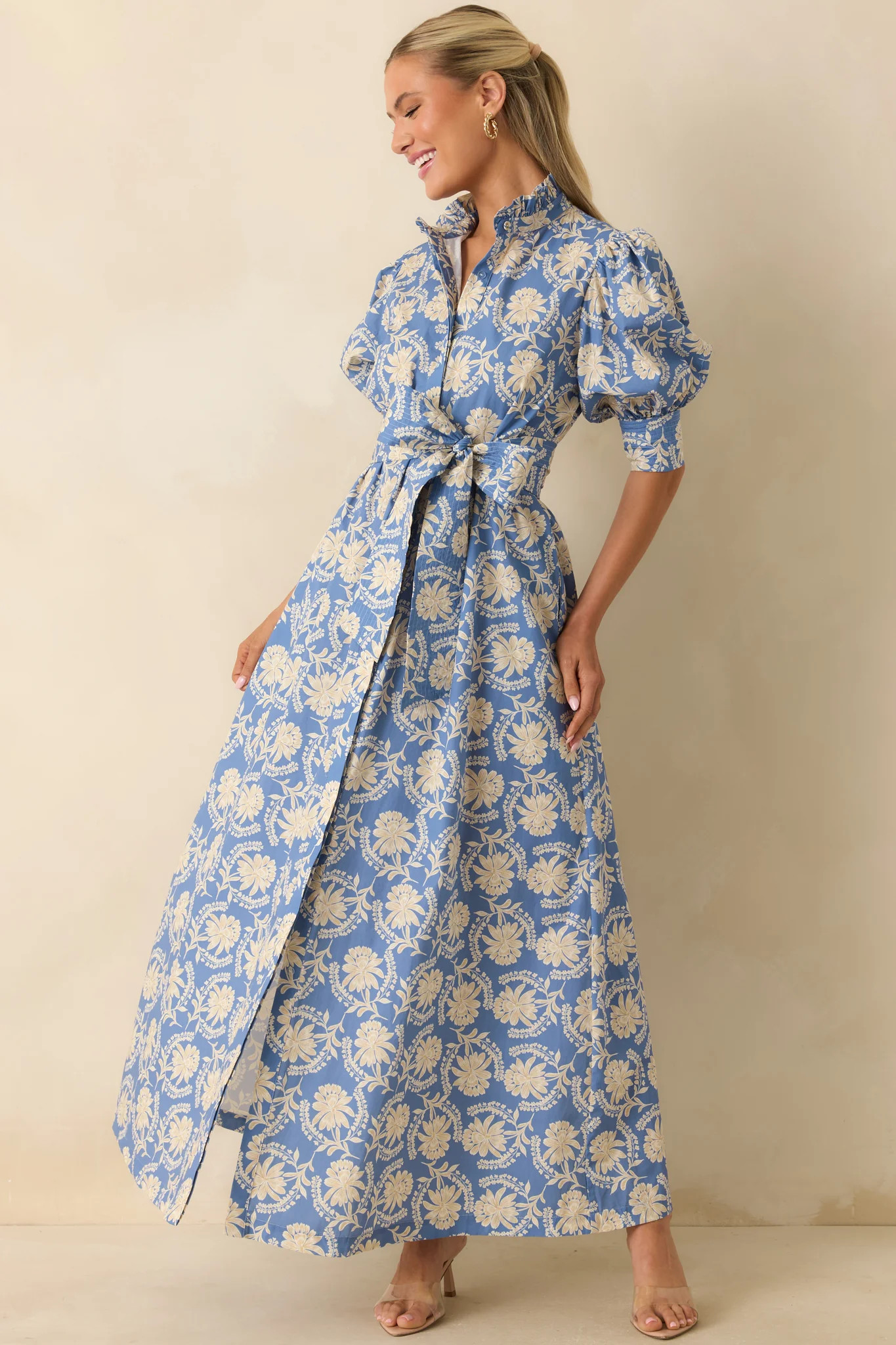 Prosperina Marianne Dusty Blue Floral Cotton Maxi Dress | Red Dress