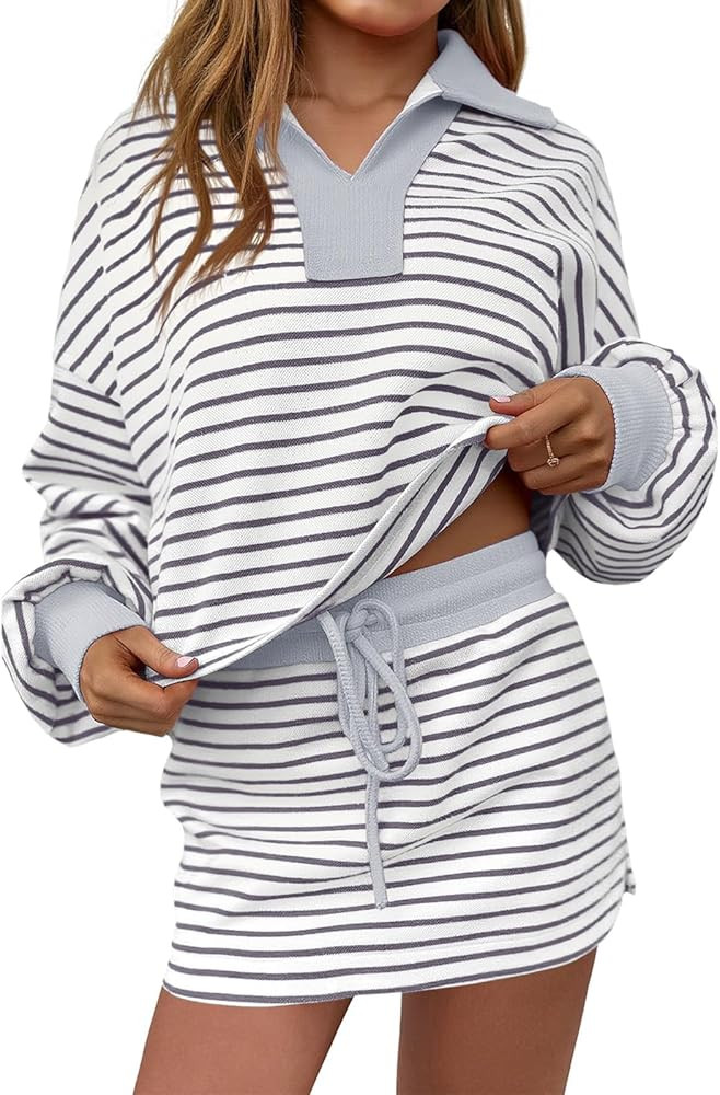 Fisoew Womens Striped 2 Piece Outfits Casual Sweatshirt Skirt Set Long Sleeve Skort Workout Set M... | Amazon (US)