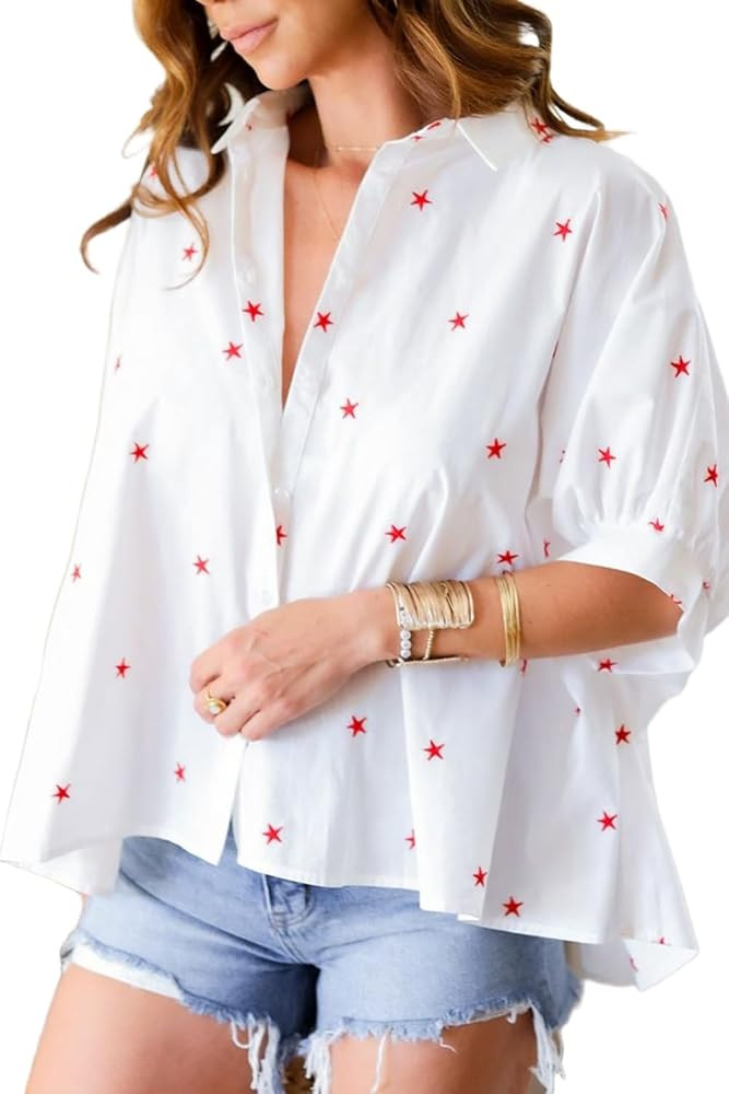 Melliflo Women's Little Stars Printed Shirt Lapel Collar Half Sleeve Tops Summer Loose Button Down Shirt | Amazon (US)