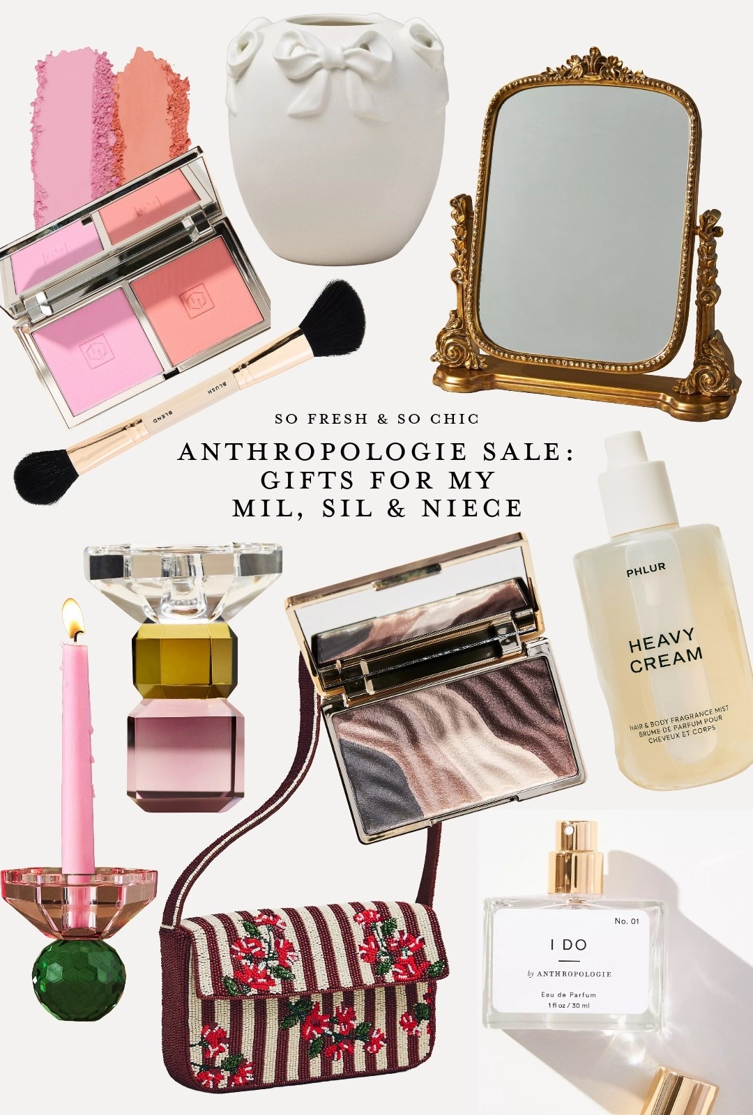 When your love language is gifting! - gift guide for her 
/
Cut glass candle holders - pastel candle holders - glam gifts - jouer blush palette - peach and pink blush set - gleaming primrose vanity mirror - white vase with bows - neutral eyeshadow palette iconic London - phlur heavy cream hair and body spray - blush brush sale - i do perfume - Anthropologie sale - affordable Christmas gifts for her - mil gifts - SIL gifts - college girl gifts - gifts for niece - affordable gifts - Anthropologie sale gifts - bridesmaid gifts - beaded purse Anthropologie - cyber monday sale - gifts under $200 - gifts under $50 - gifts under $100#LTKCyberWeek

#LTKFindsUnder100 #LTKGiftGuide