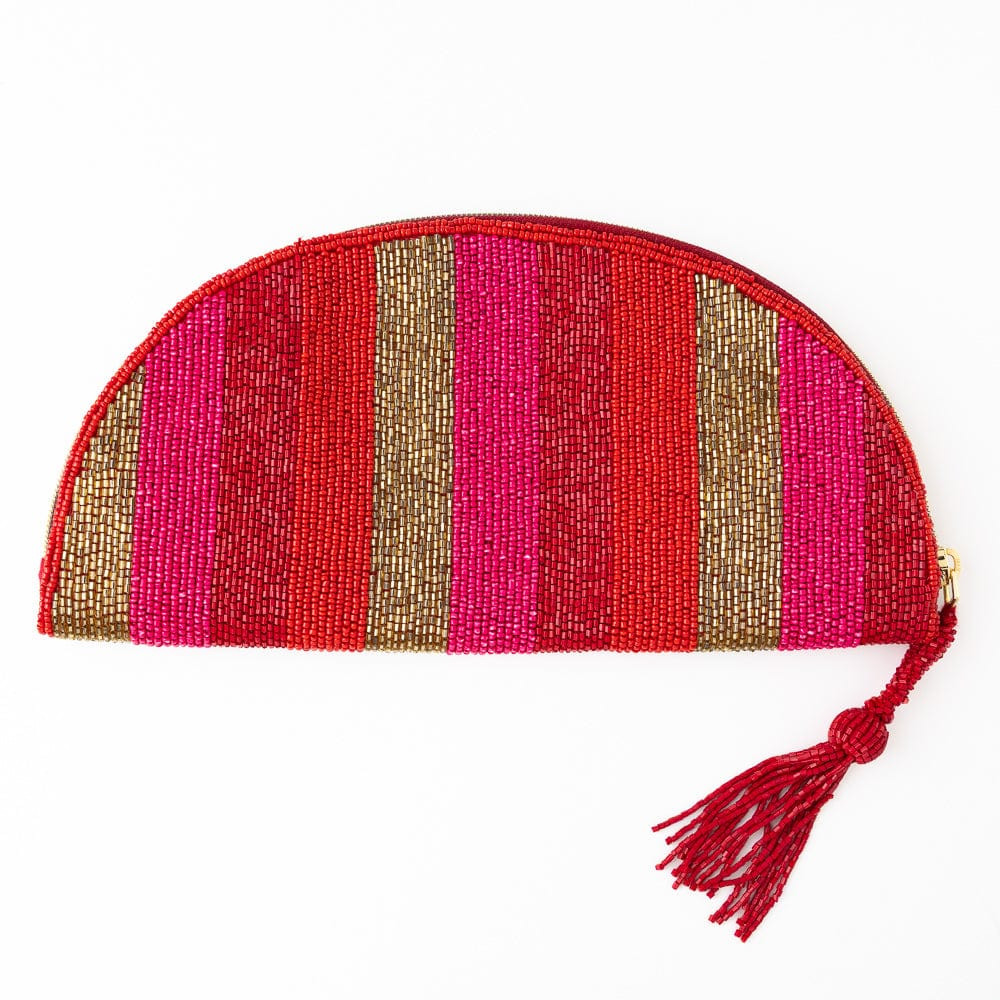 Leslie Vertical Stripes Beaded Half Circle Clutch Red, Pink, + Gold | INK+ALLOY
