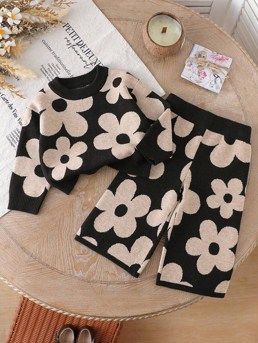 SHEIN Playful Pals Baby Girls Black Floral Jacquard Knit Sweater And Pants Set,Autumn Cute Family Matching 2 Pieces Fashionable Casual Long Sleeve Warm Knitwear Suit | SHEIN