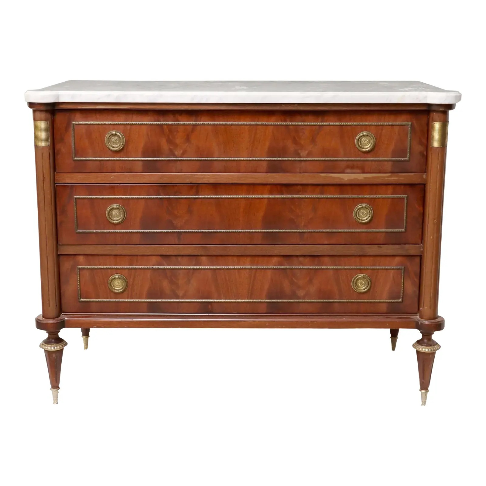 French Louis XVI Style Flame Mahogany Marble Commode | Chairish