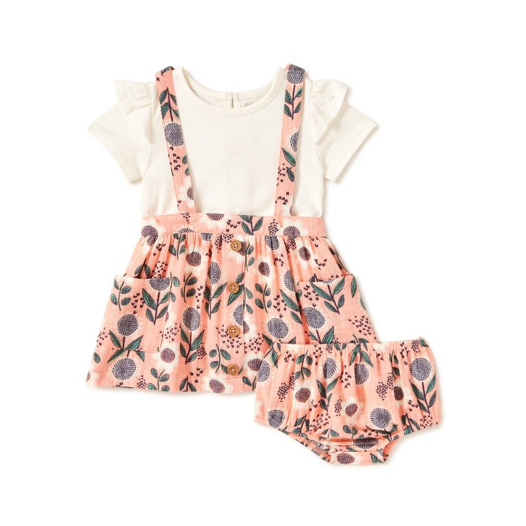 Wonder Nation Baby Girl Pinafore Dress, T-Shirt & Diaper Cover Outfit, Sizes 0/3-24 Months | Walmart (US)