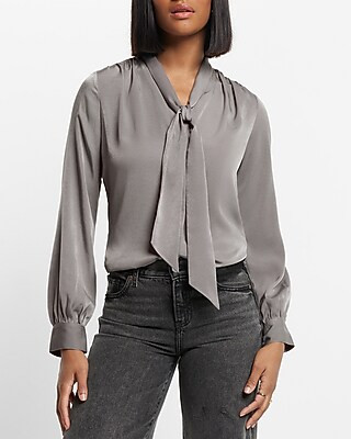 Satin Long Sleeve Tie Neck Relaxed Portofino Shirt | Express