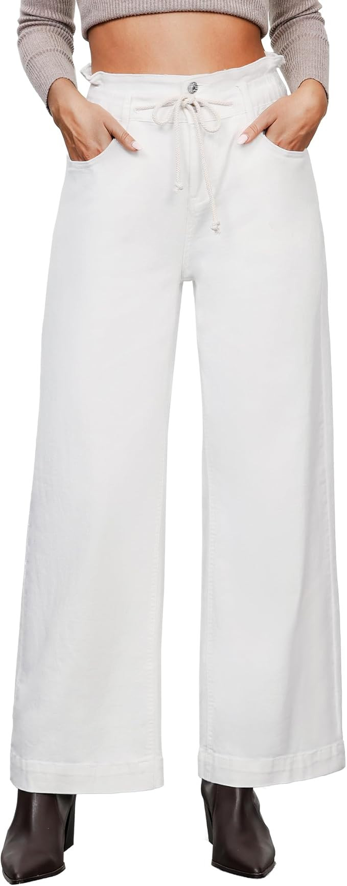 LookbookStore Womens Jeans Wide Leg High Waisted Trendy Elastic Wasit Drawstring Stretch Denim Pa... | Amazon (US)