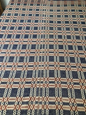 ANTIQUE OVERSHOT BLUE- RED- CREAM REVERSIBLE COVERLET | eBay US