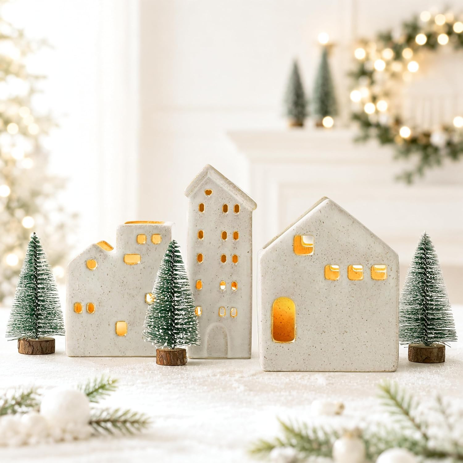 Sunlit Ceramic Christmas Village Sets of 3 Houses with 3 Tea Lights & 3 Frosted Trees, Christmas Decorations Indoor, Xmas Holiday Farmhouse Vintage Rustic Decor for Tabletop Mantle, Beige | Amazon (US)