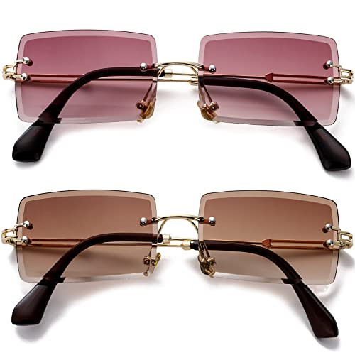 PORADAY Rectangle Sunglasses for Women Men Vintage Rimless Square Sun Glasses Candy Color (Purple Gray + Gradient Brown) | Amazon (US)