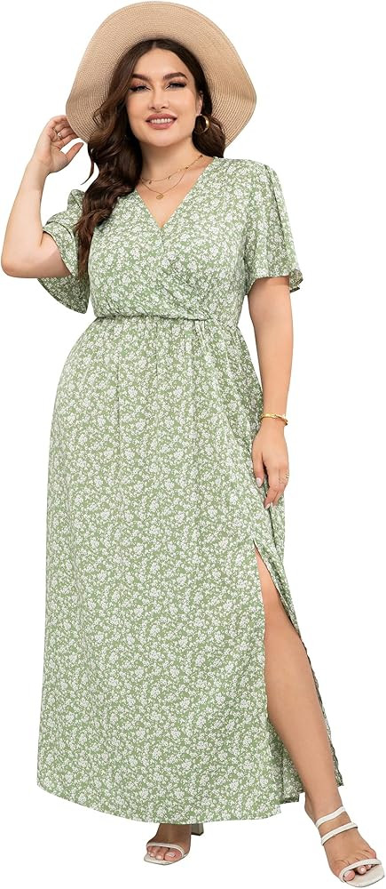 KOJOOIN Women Plus Size Wrap Maxi Dress Short Flutter Sleeves Empire Waist Split A Line Boho Casu... | Amazon (US)