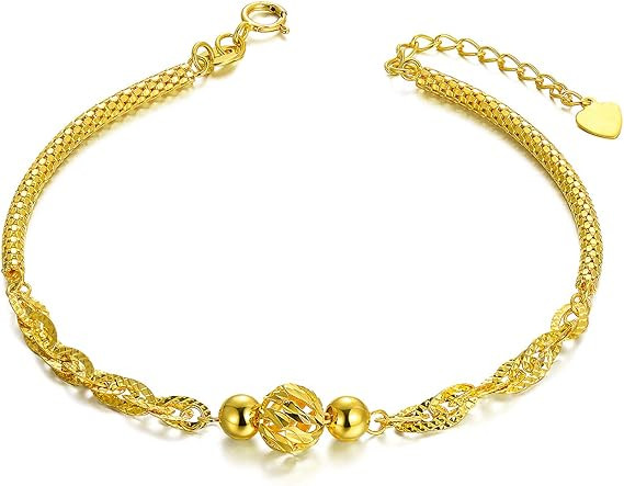 18K Gold Bracelets for Women, Dainty Yellow Gold Diamond Cut Ball Bracelets, Italian Mesh Chain A... | Amazon (US)