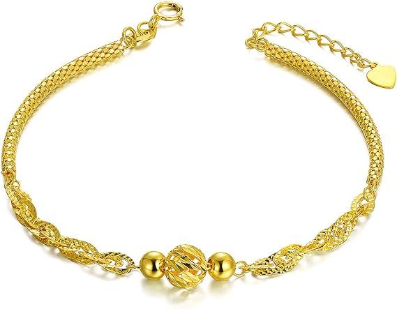 18K Gold Bracelets for Women, Dainty Yellow Gold Diamond Cut Ball Bracelets, Italian Mesh Chain A... | Amazon (US)