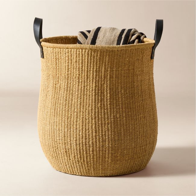 Penelope Handwoven Round Storage Basket with Black Leather Handles | CB2