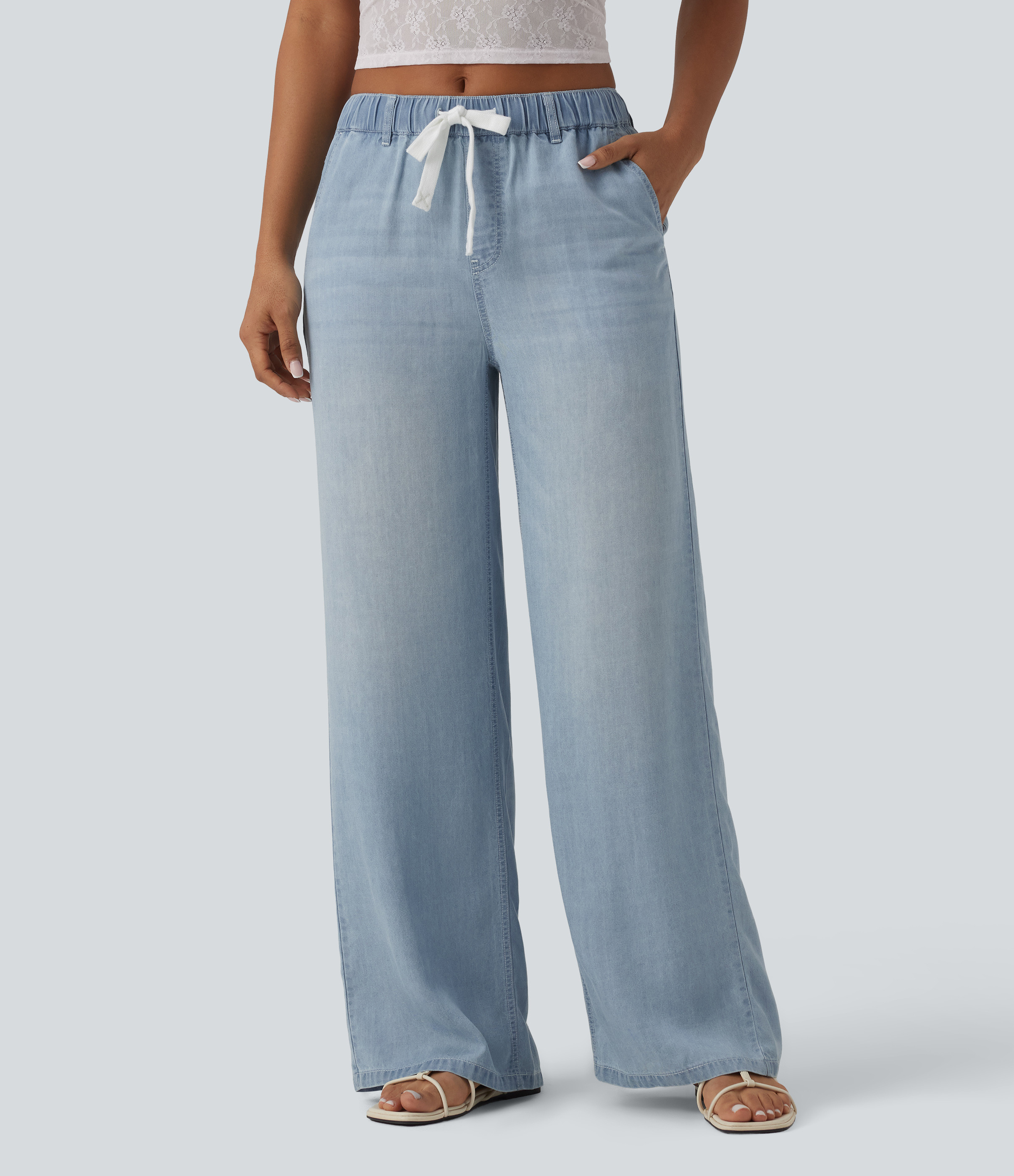 Halara Mid Rise Drawstring Casual Jeans with Pockets  - Baltic Sea Blue Denim - XL(petite) | HALARA