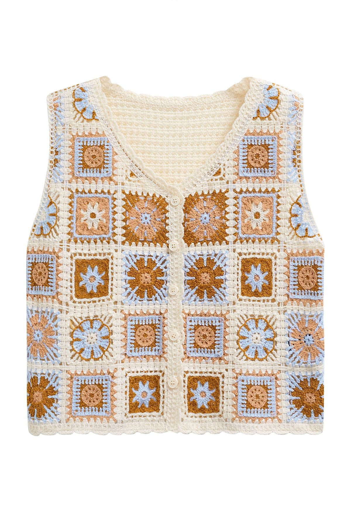 Floral Patchwork Crochet Buttoned Knit Vest | Chicwish