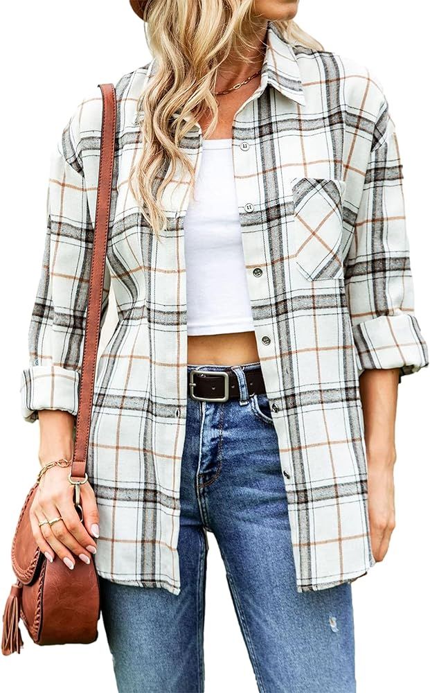 Oversized Flannel Shirts for Women Button Down Long Sleeve Drop Shoulder Buffalo Plaid Blouse Top... | Amazon (US)