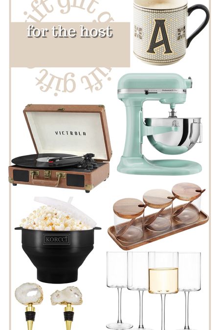 Gift guide for the host 
Kitchen aide mixer 
Record player 
Condiment jars
Popcorn maker
Wine glasses 
Anthropology initial mug 

#LTKSeasonal #LTKHoliday #LTKGiftGuide