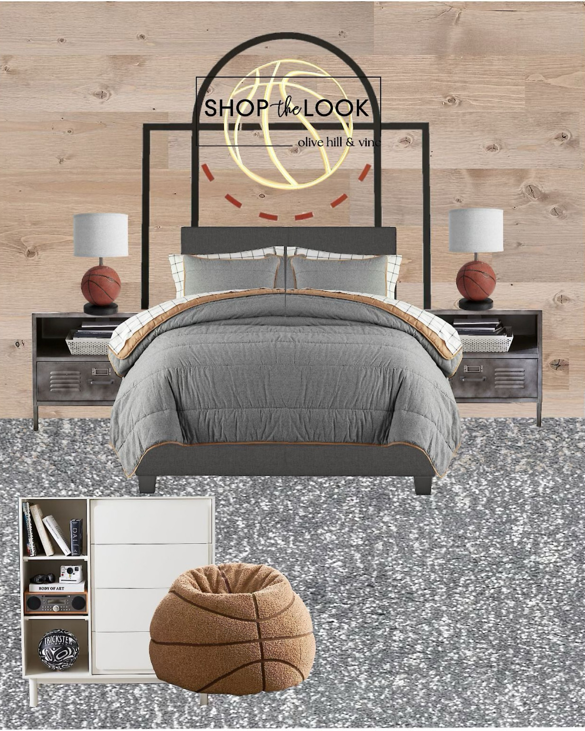 Step into a basketball lover’s dream room! Featuring a basketball court decal, hoop-inspired table lamp, and a cozy beanbag, this design hits all the right notes. Locker nightstands add storage, while a modern panel bed with a reversible comforter ties it all together. Score major style points! 

#LTKFamily #LTKKids #LTKHome