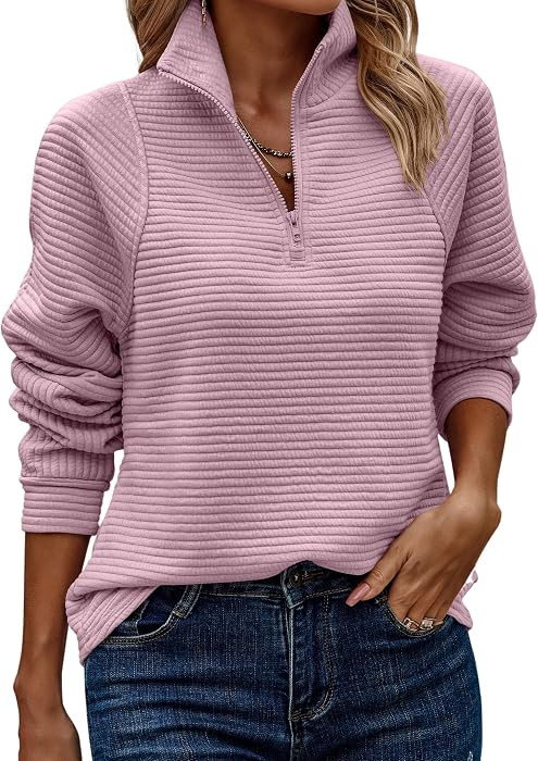 ECOWISH Quarter Zip Women Tunics Tops Oversized Textured V Neck Pullovers | Amazon (US)