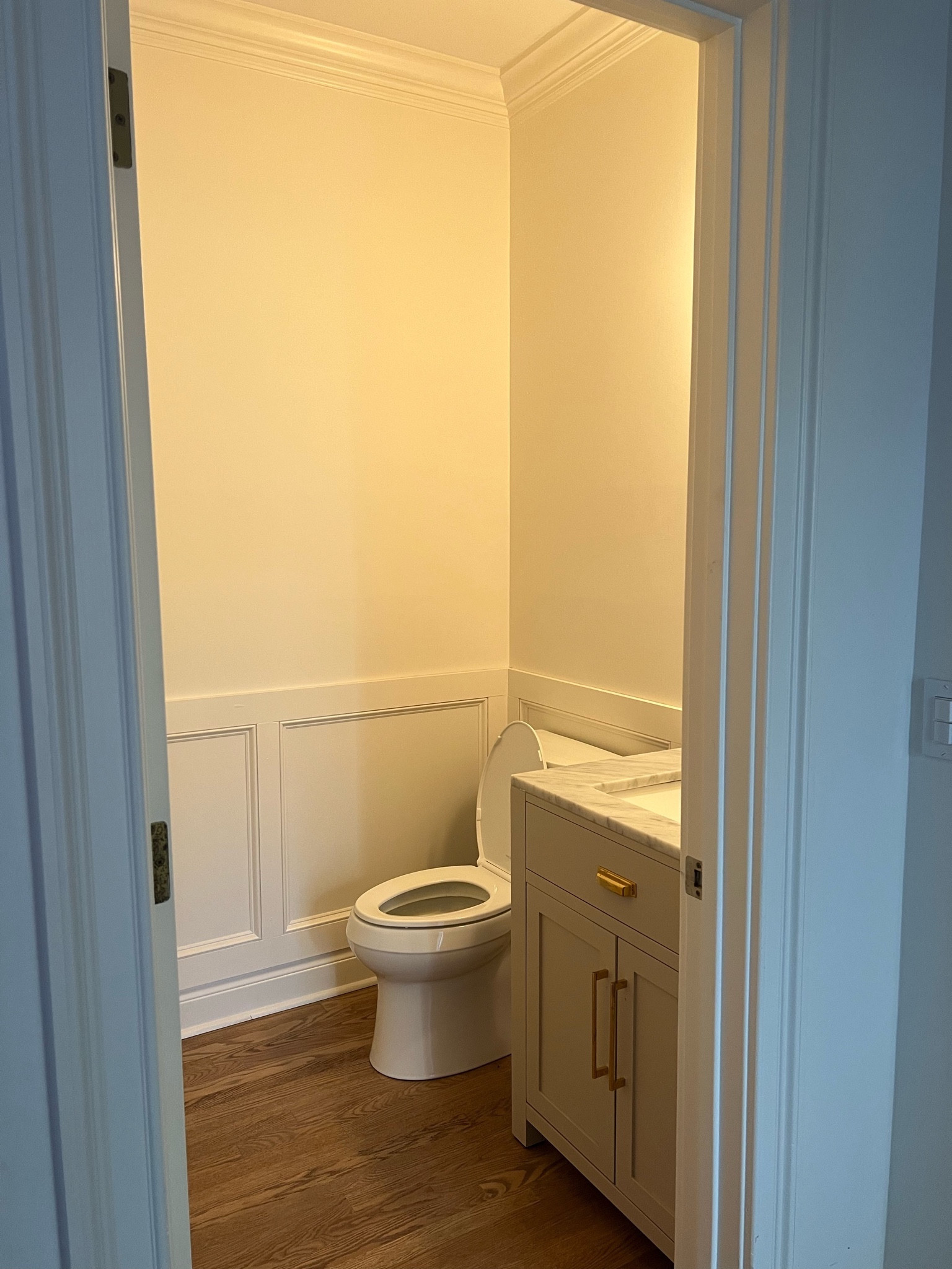 Powder room work in progress. We DIY the moulding and painted the vanity #neutral #powderroom #bathroom #greige #taupe #bathroomrenovation #diy

#LTKsalealert #LTKhome #LTKCyberWeek