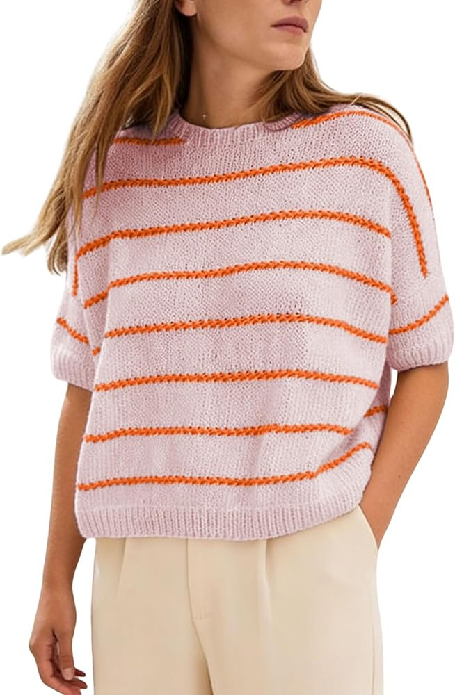 QIBABU Womens Short Sleeve Striped Sweater Top Casual Crewneck Lightweight Shirt Spring Summer Cr... | Amazon (US)