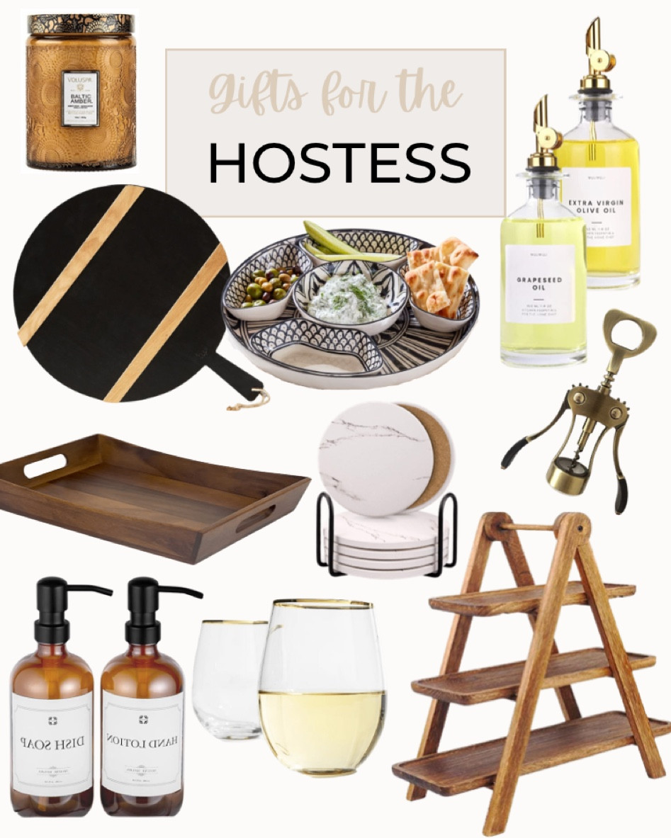 Perfect gifts for the hostess of your holiday party include round cheeseboard charcuterie board, amber glass soap and lotion dispensers, gold-rimmed wine glasses, tiered serving tray, gold wine bottle opener, marble coasters, wooden serving tray, oil and vinegar dispensers, candle, and sectional serving tray.

Host, hosting, holiday hosting, holiday entertaining, entertainer gift, Christmas party, Christmas gift, Christmas gift guide, gift guide, gifts for the cook, gifts for her

#LTKhome #LTKunder50 #LTKSeasonal