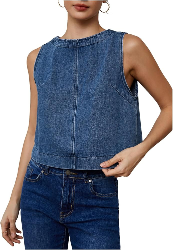 Milumia Women's Denim Vest Tank Top Sleeveless Round Neck Loose Fit Casual Jean Vests Streetwear | Amazon (US)