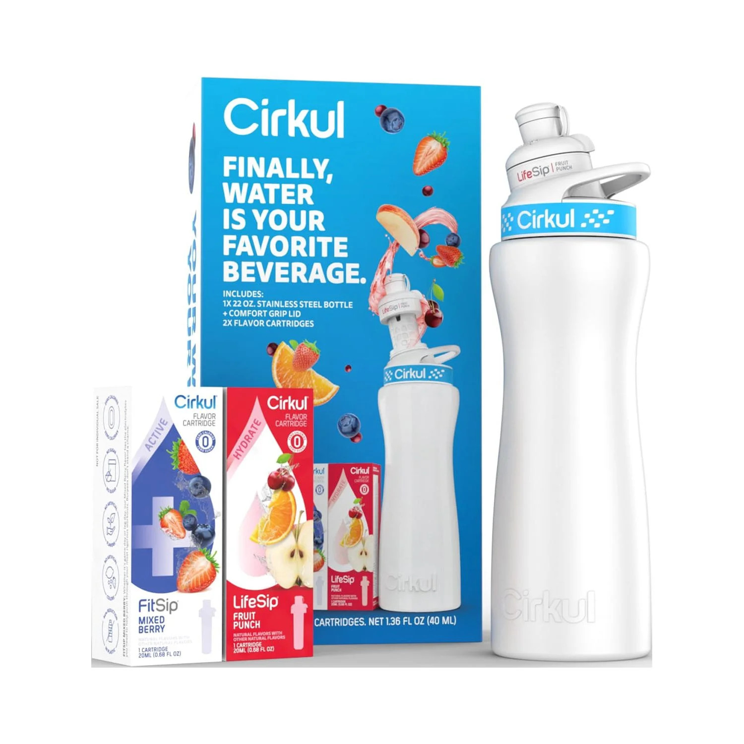 Cirkul 22oz White Stainless Steel Water Bottle Starter Kit with Blue Lid and 2 Flavor Cartridges ... | Walmart (US)