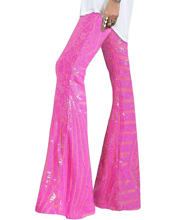 EVALESS Women Sequin Pants Sparkly Glitter High Waisted Wide Leg Flare Trousers Bell Bottom Night... | Amazon (US)