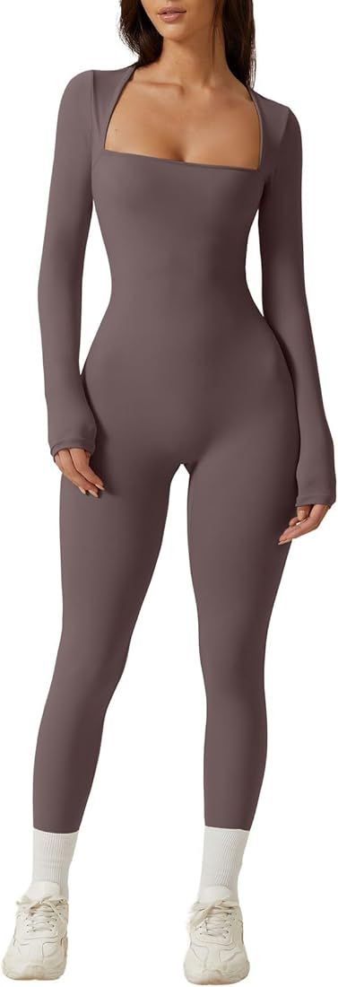 QINSEN Womens Sexy Square Neck Long Sleeve Full Length Leggings Bodycon Stretch Jumpsuit | Amazon (US)