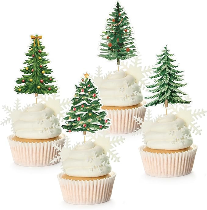 Whaline 48Pcs Christmas Tree Cupcake Toppers 4 Designs Watercolor Cake Decor Assorted Xmas Green ... | Amazon (US)